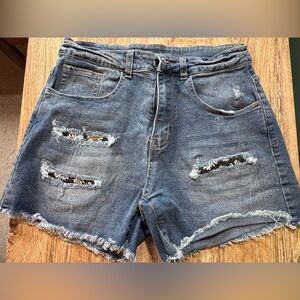 Blue High-Waisted Jean Shorts with Frayed Hem